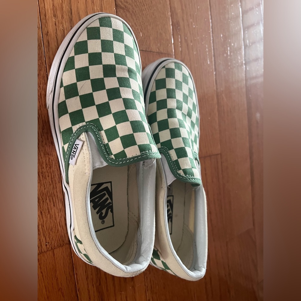 Green and white checkered slip on vans